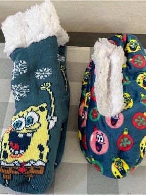 SpongeBob Squarepants Plush Lined Slipper Socks - Blue, Yellow & White